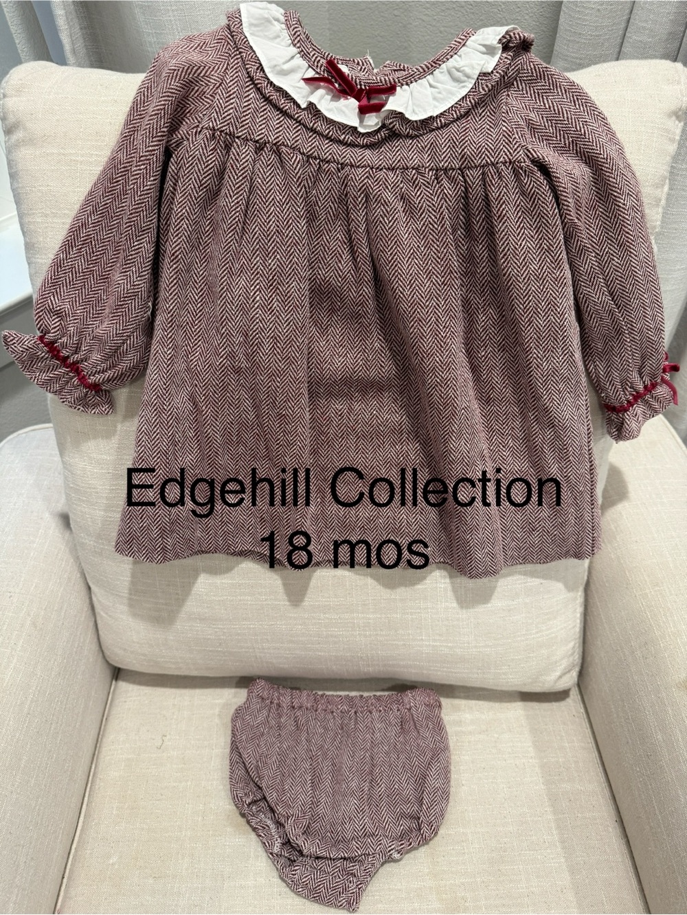 Edgehill Collection Girls Burgundy Herringbone Dress with White Ruffle Collar